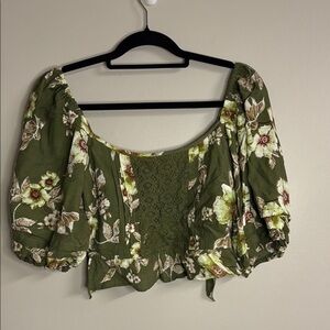 Green Puff Sleeve Crop Blouse with Smocked Bodice